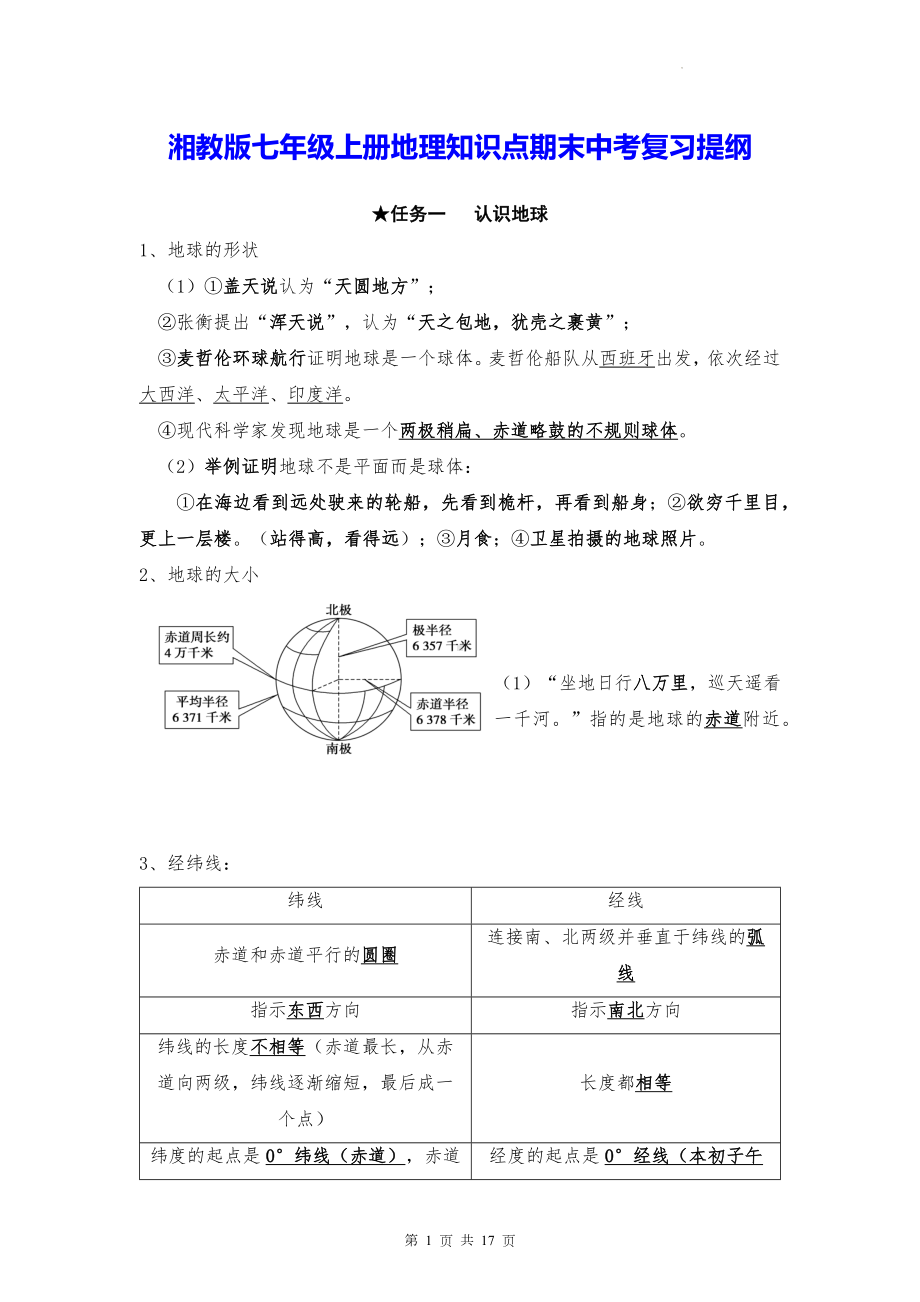 湘教版七年级上册地理知识点期末中考复习提纲（实用！）.docx_第1页