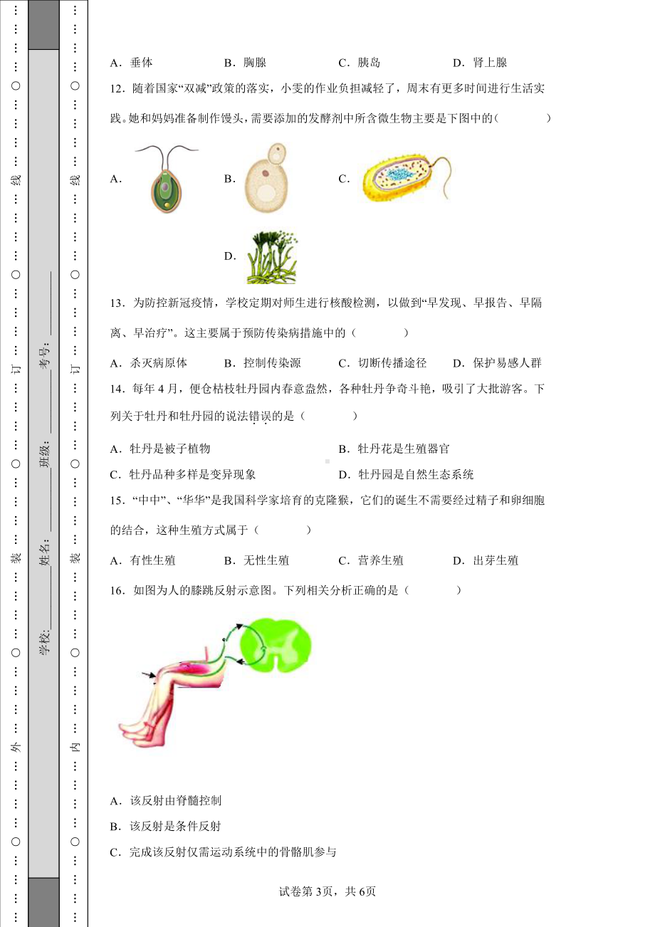 2022年江苏省盐城市中考生物试题及答案.pdf_第3页