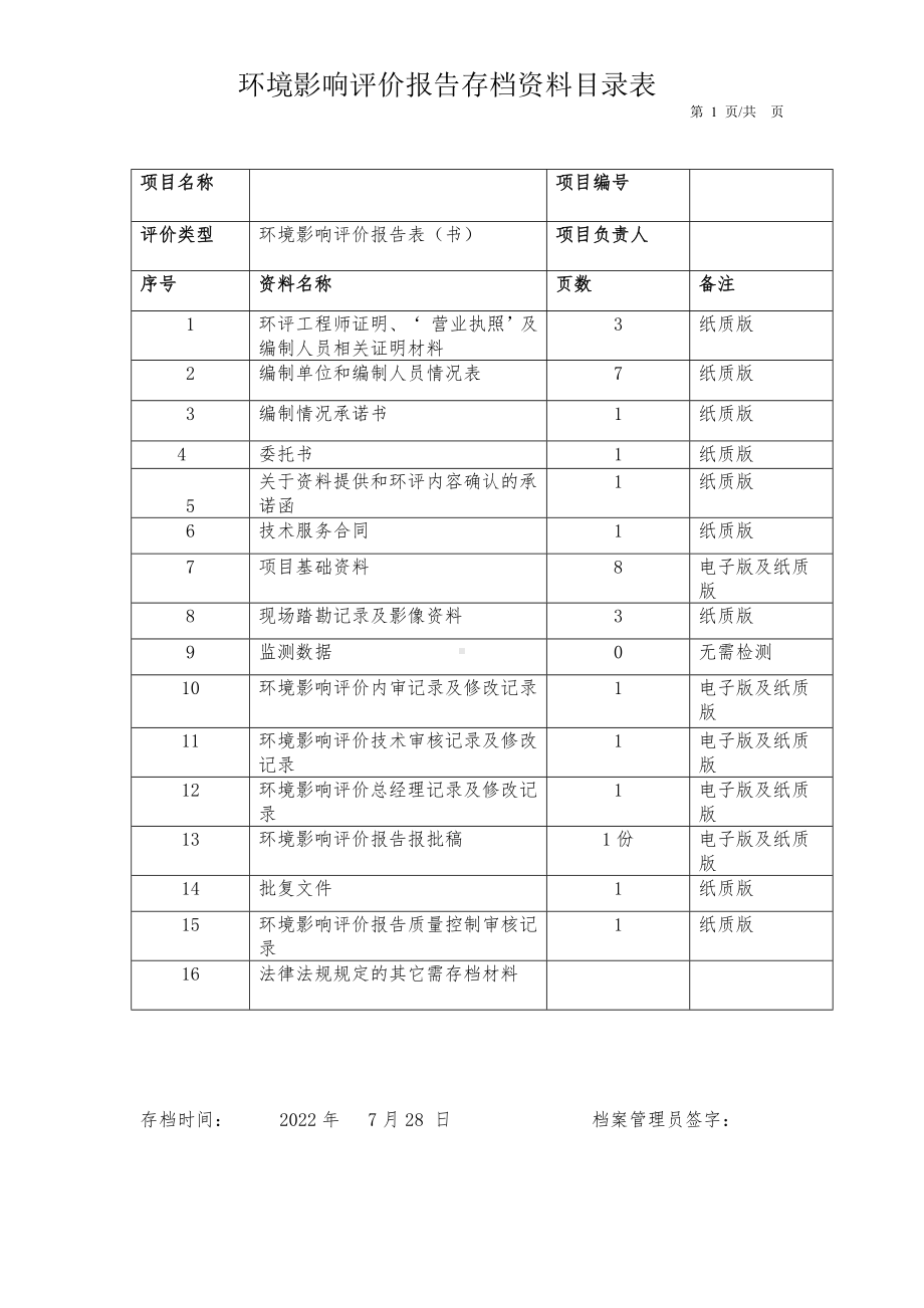 环境影响评价报告存档资料目录表.docx_第1页