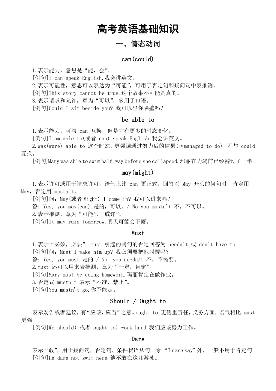 高中英语高考基础知识复习（情态动词+基本句型）.docx_第1页