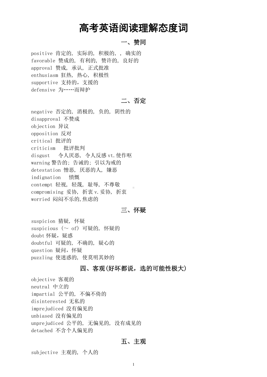 高中英语高考阅读理解态度词汇总（共八大类）.docx_第1页