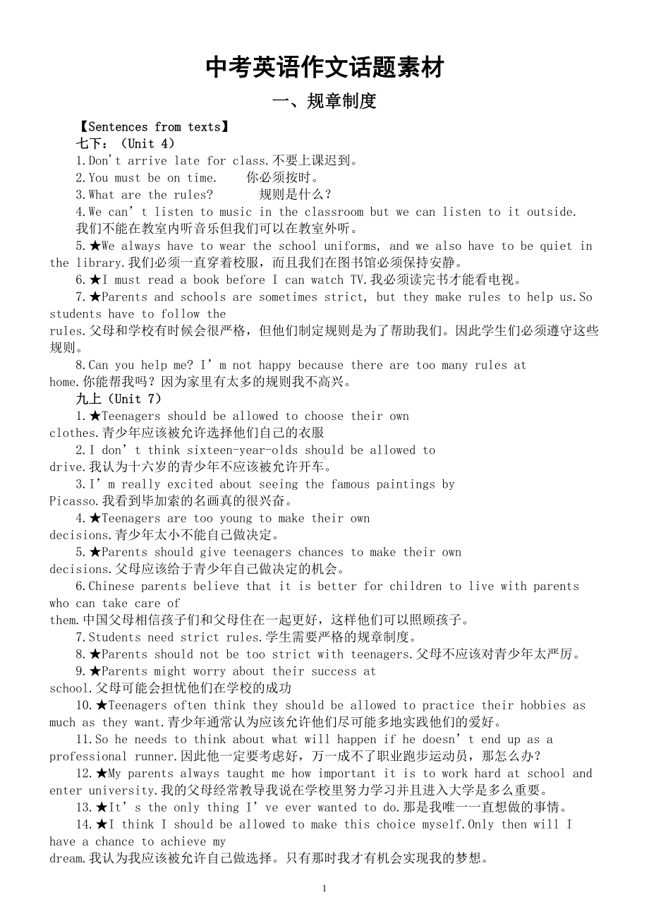 初中英语2023中考作文话题素材（规章制度+人物介绍+外貌性格）.doc_第1页