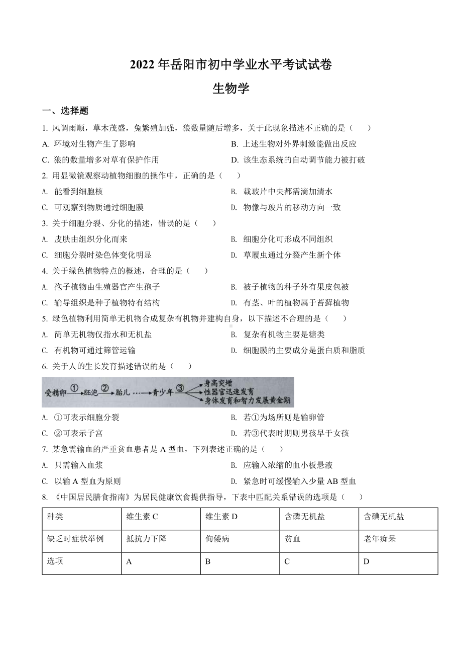 2022年湖南省岳阳市中考生物真题（含答案）.docx_第1页