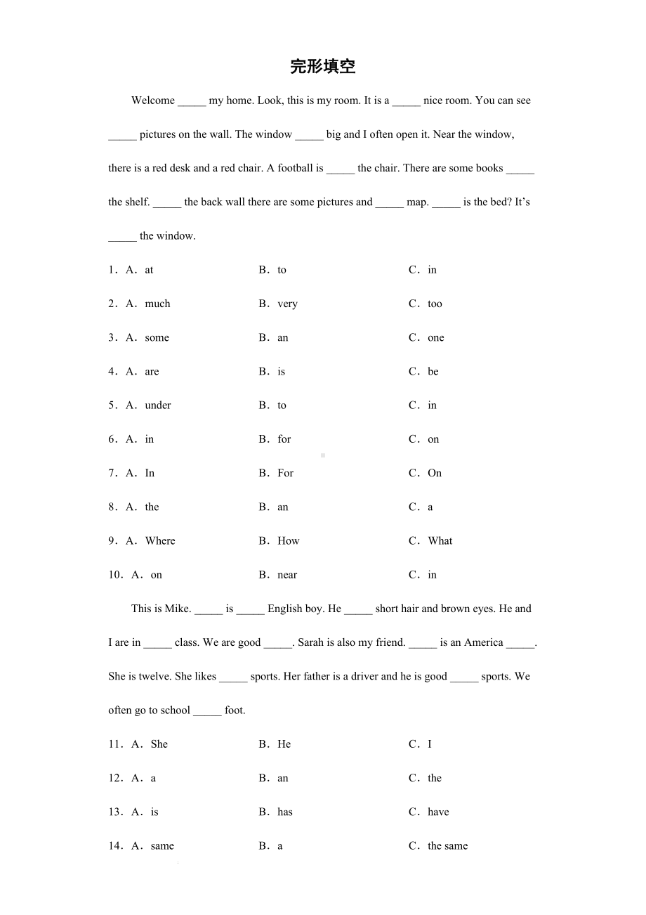 人教PEP版六年级下册《英语》复习专项练-完形填空 试题（含答案）.docx_第1页