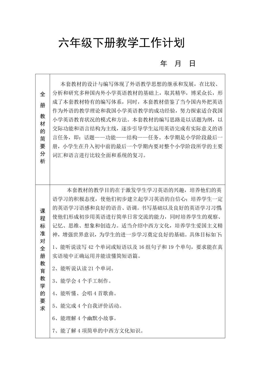 人教PEP版六年级下册《英语》全册表格式教案.doc_第1页