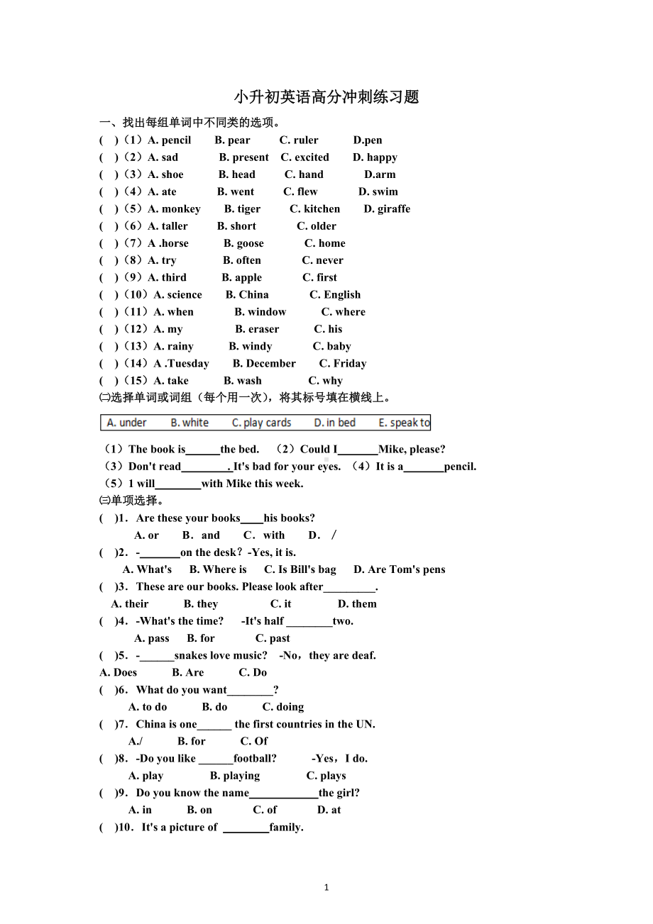 人教PEP版六年级下册《英语》高分冲刺练习题（无答案）.docx_第1页