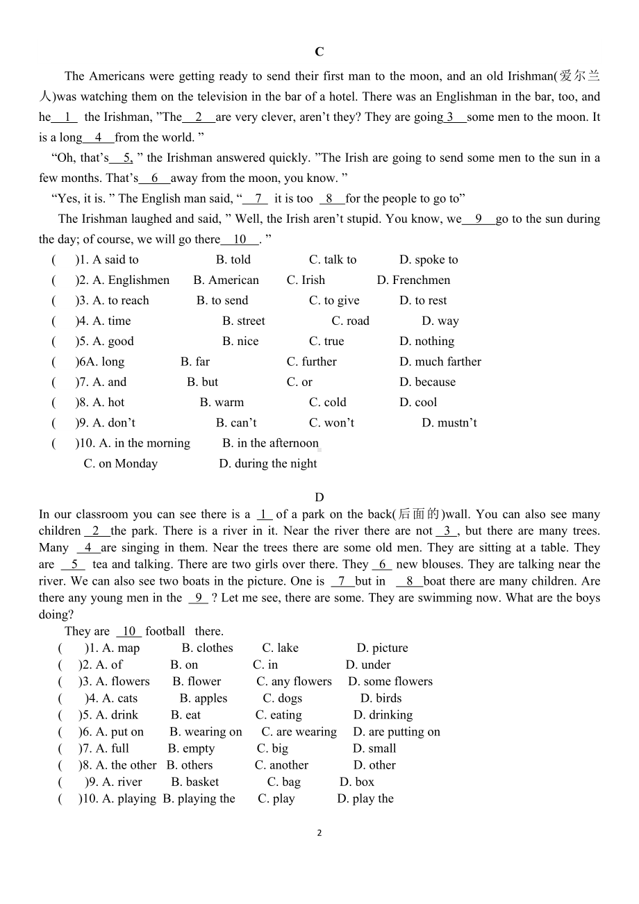 人教PEP版六年级下册《英语》完形填空专题训练（含答案）.docx_第2页