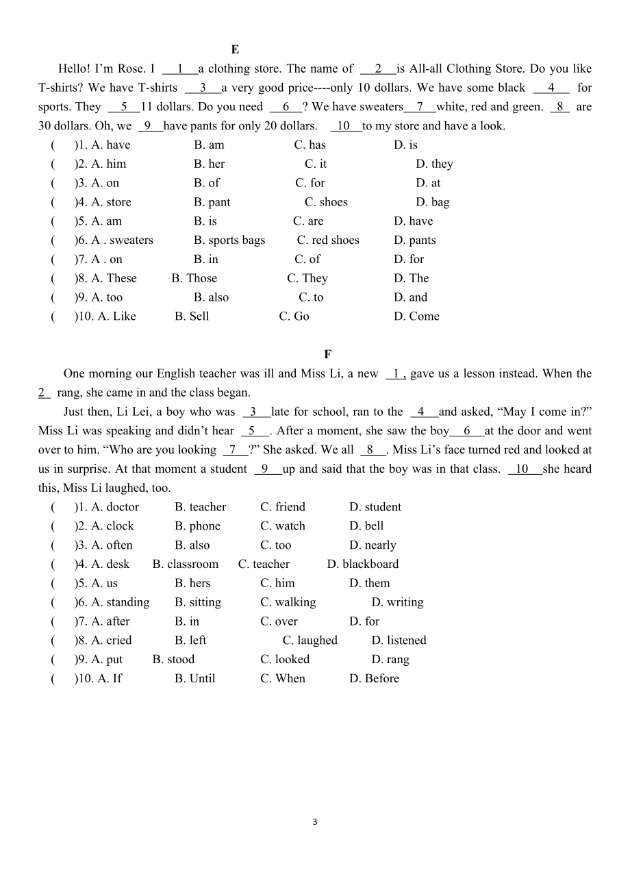 人教PEP版六年级下册《英语》完形填空专题训练（含答案）.docx_第3页