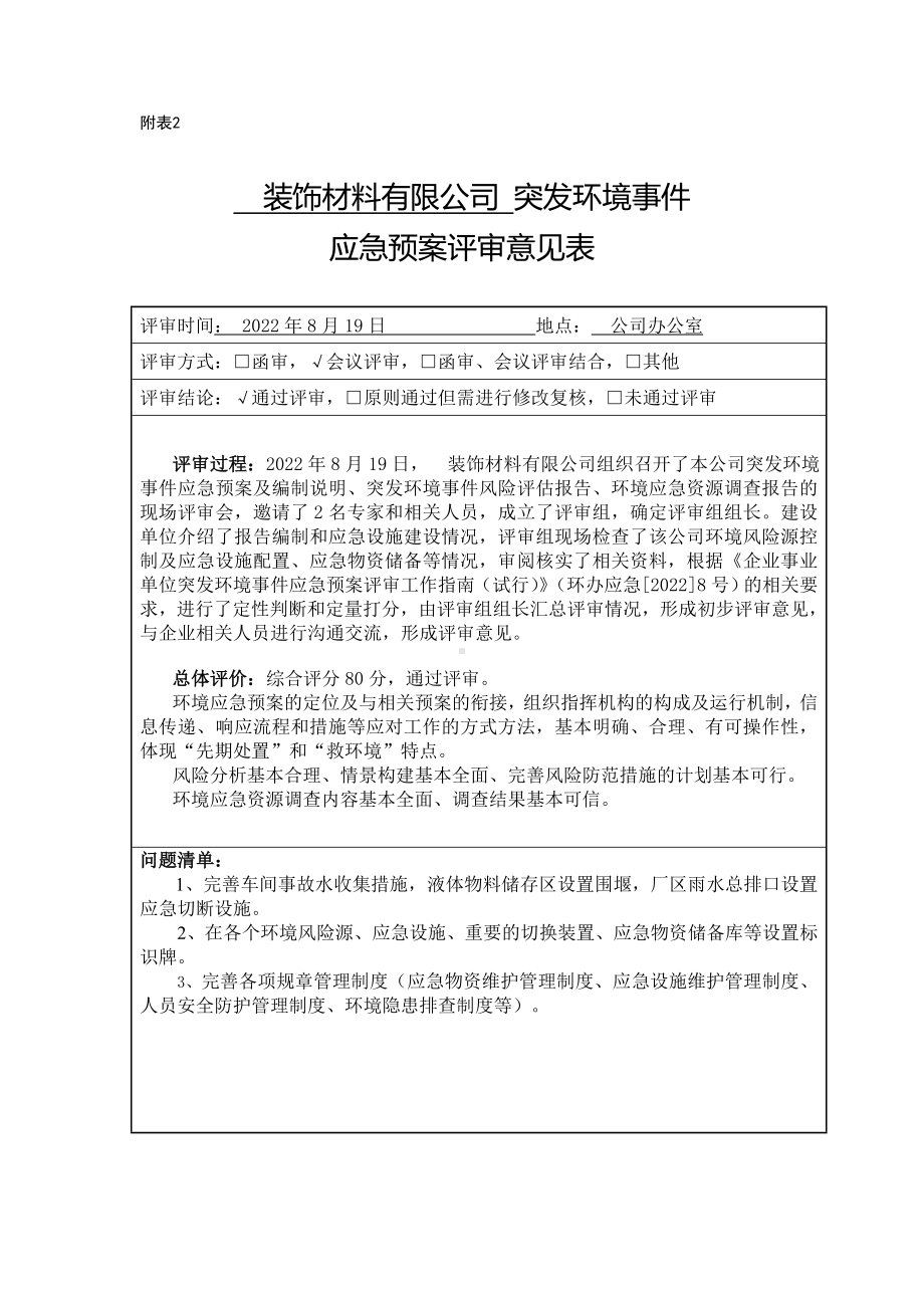 装饰材料有限公司应急预案评审附表.doc_第1页