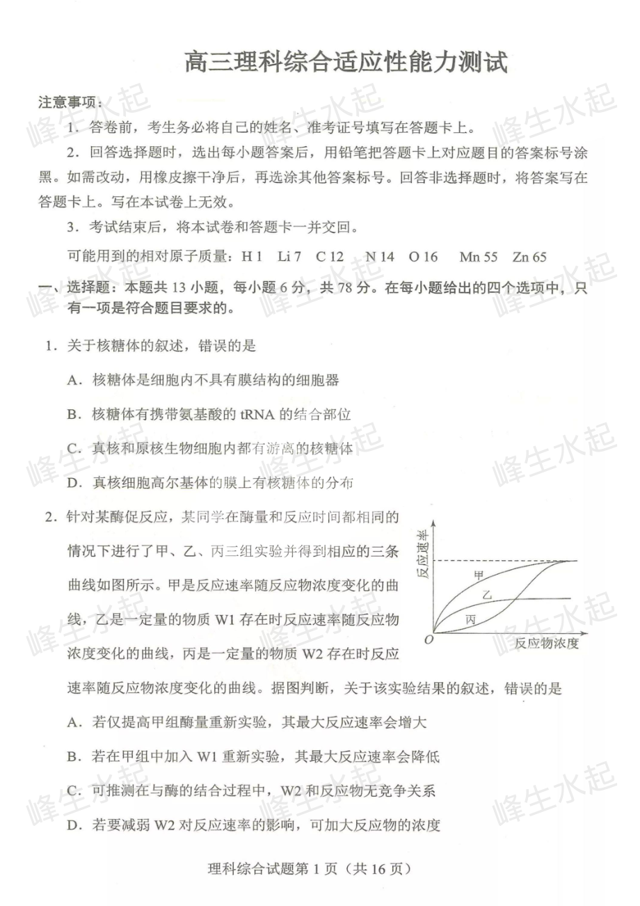 2023届高三适应性测试理综.pdf_第1页