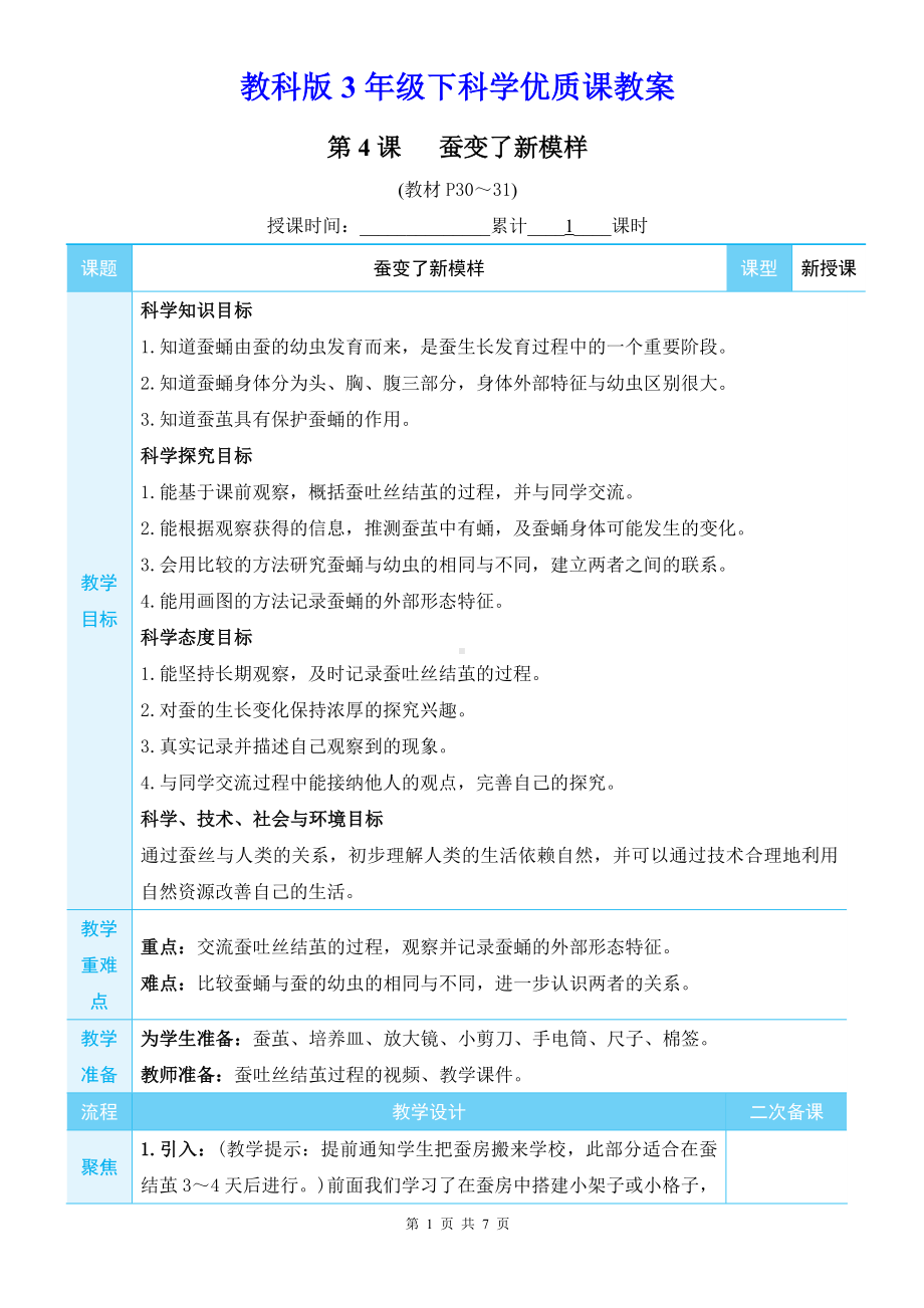 教科版3年级下科学第二单元第4课《蚕变了新模样》优质课教案.docx_第1页