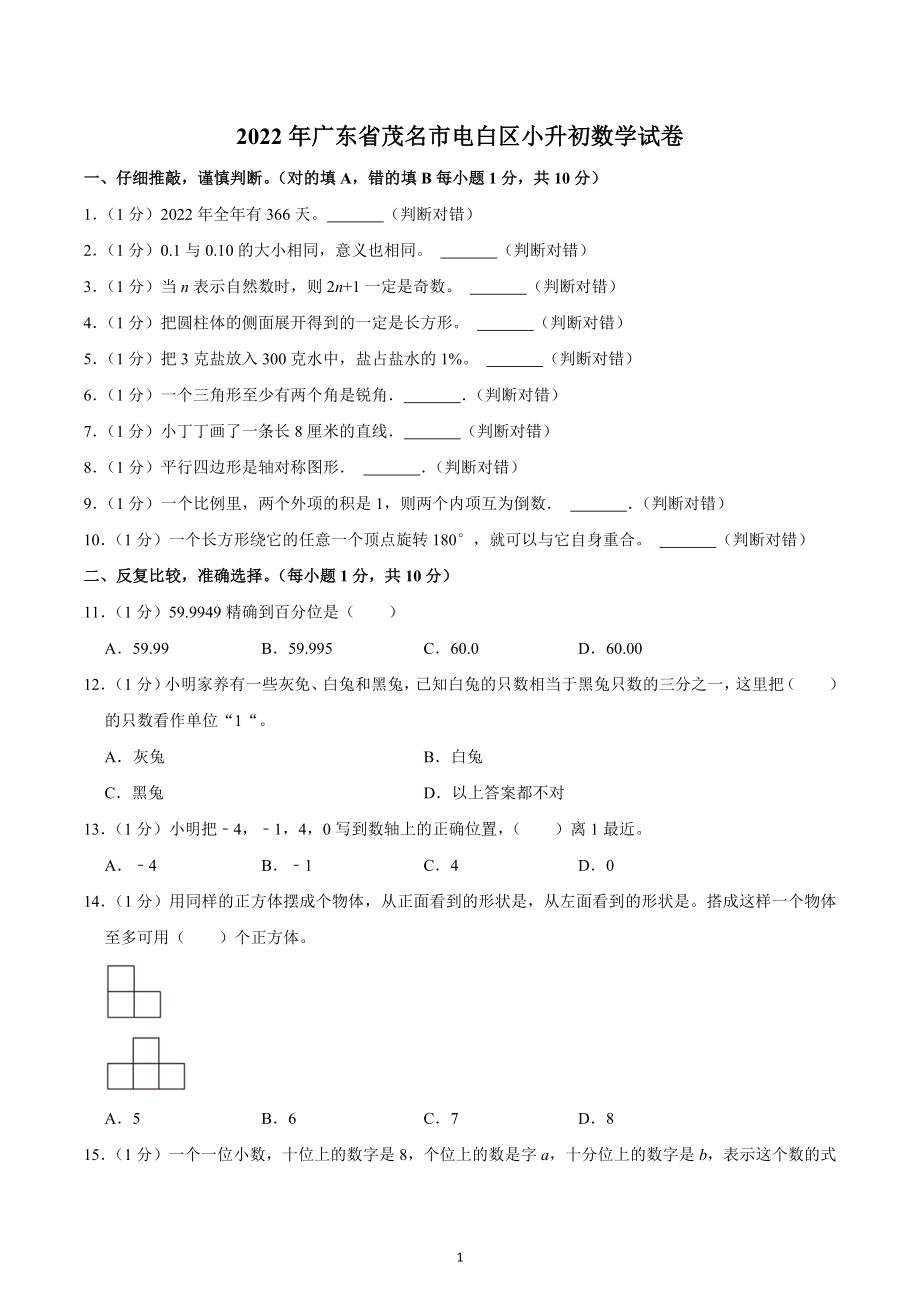 2022年广东省茂名市电白区小升初数学试卷.docx_第1页