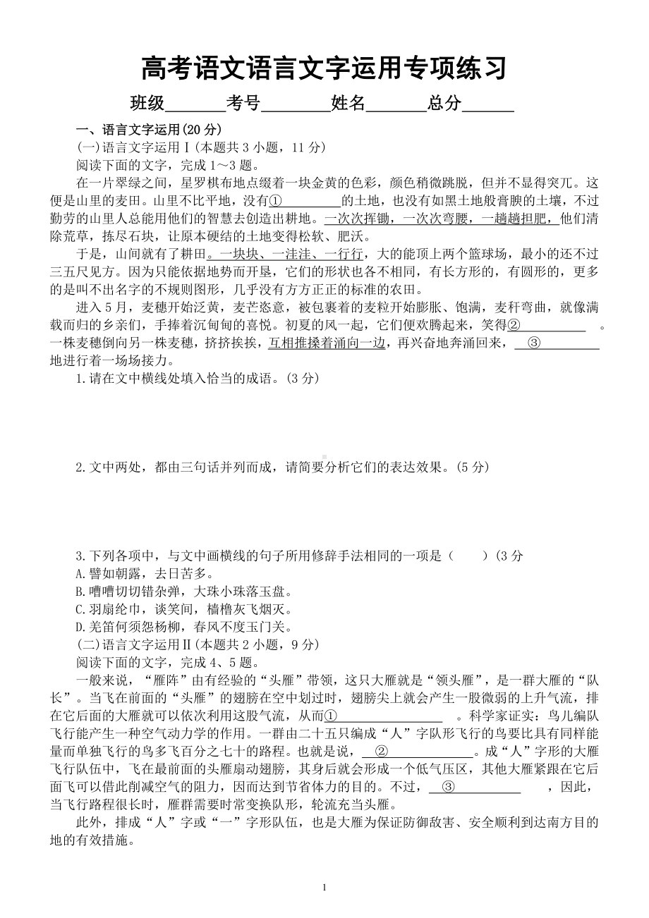 高中语文高考复习语言文字运用专项练习10（附参考答案和解析）.docx_第1页