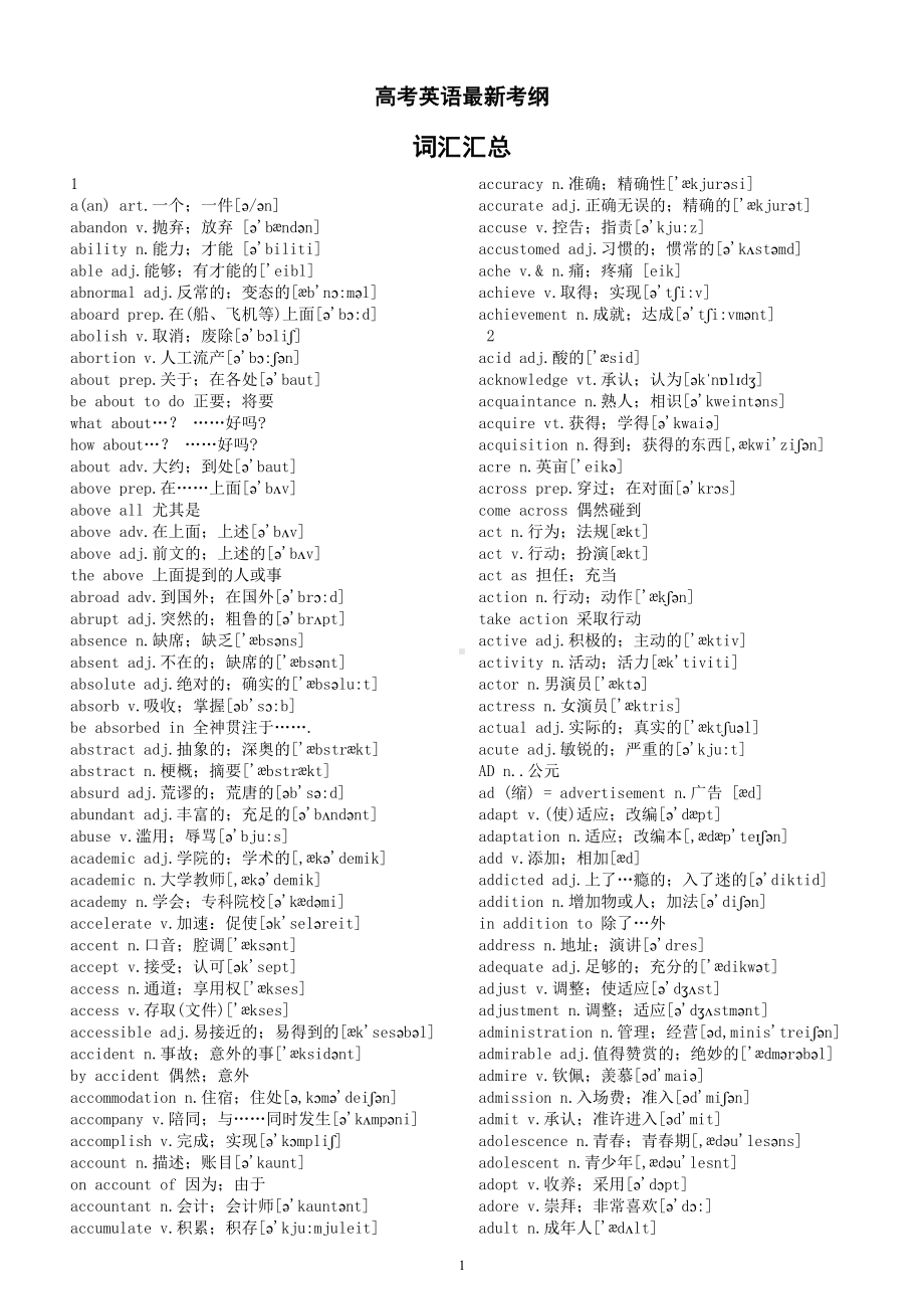 高中英语2023高考最新考纲词汇汇总（仅A-P）.docx_第1页