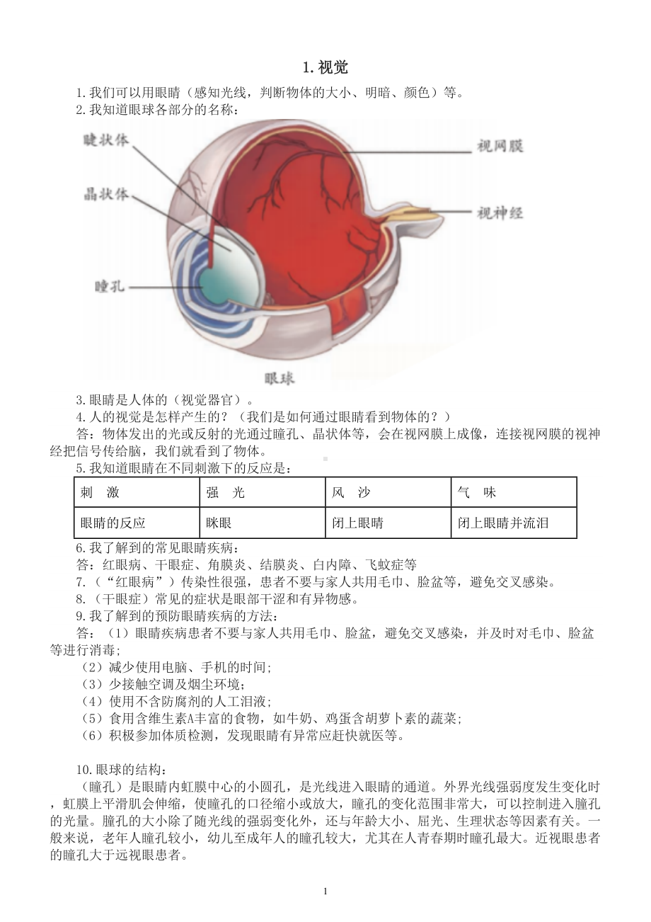 小学科学青岛版六三制六年级下册第一单元第1课《视觉》知识点整理（2023春）.doc_第1页