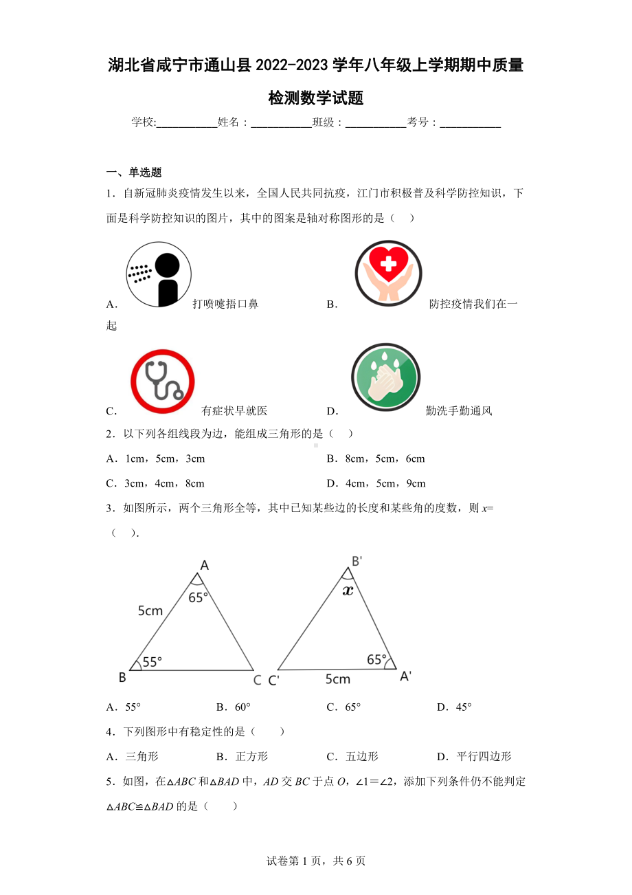 湖北省咸宁市通山县2022-2023学年八年级上学期期中质量检测数学试题.docx_第1页