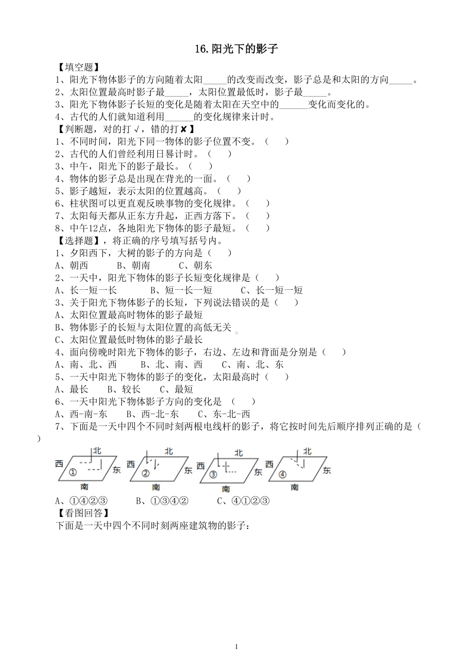 小学科学人教鄂教版四年级下册第五单元第16课《阳光下的影子》课堂作业新设计（2023春）（附参考答案）.doc_第1页