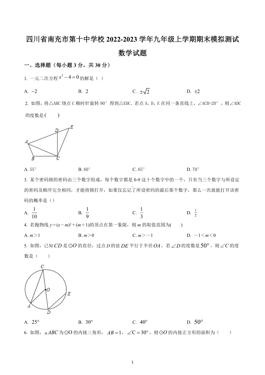 四川省南充市顺庆区第十 2022-2023学年九年级上学期期末数学试题.docx_第1页