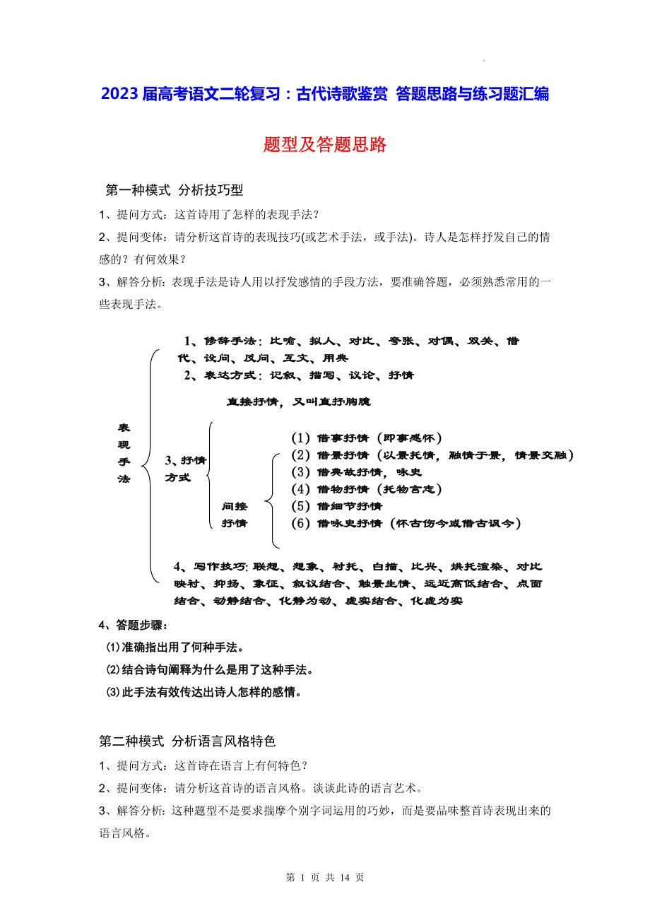 2023届高考语文二轮复习：古代诗歌鉴赏 答题思路与练习题汇编（含答案解析）.docx_第1页