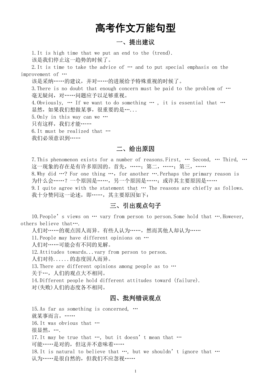 高中英语高考作文万能句型汇总（共十大类60个）.doc_第1页