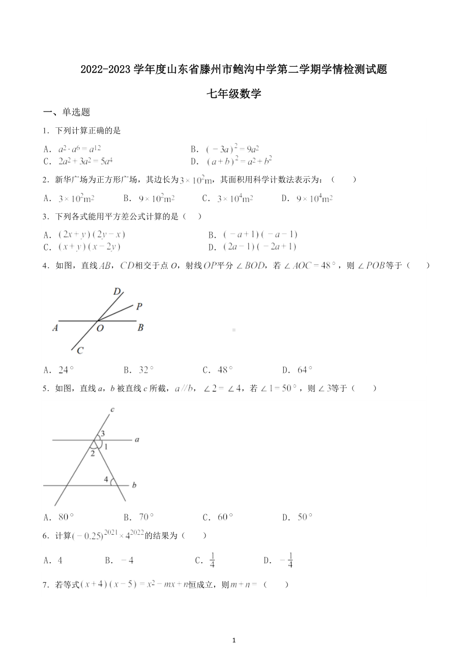 山东省枣庄市滕州市鲍沟中学2022-2023学年下学期学情检测试题七年级数学.docx_第1页