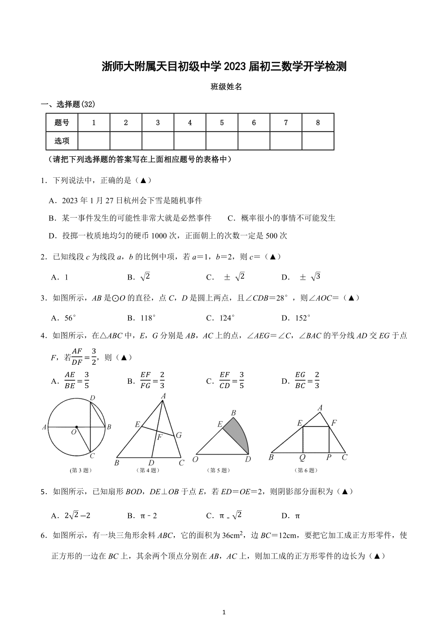 浙江省杭州市临安区浙师大附属天目初级中学2022-2023学年 九年级下学期数学开学检测.docx_第1页