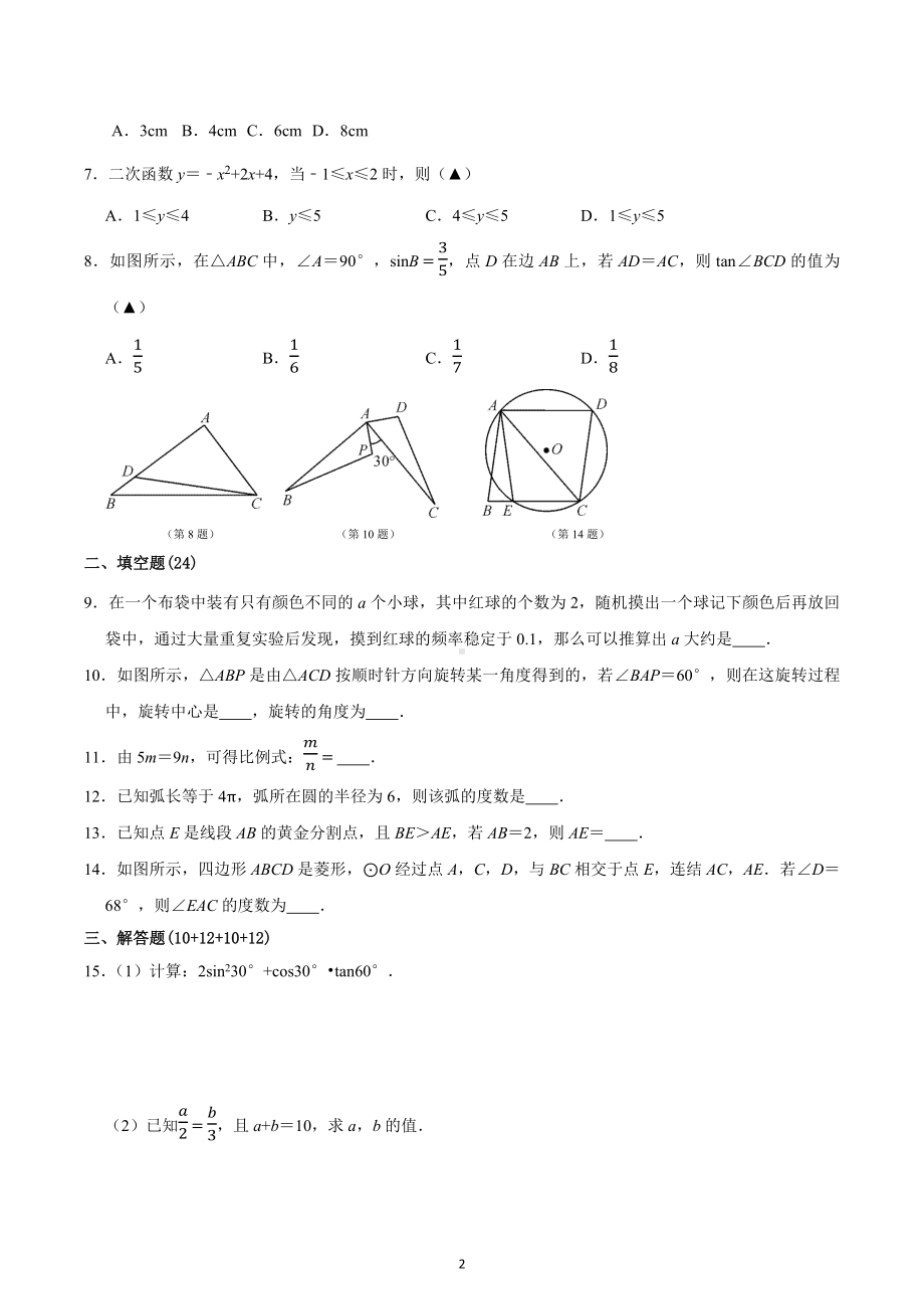 浙江省杭州市临安区浙师大附属天目初级中学2022-2023学年 九年级下学期数学开学检测.docx_第2页