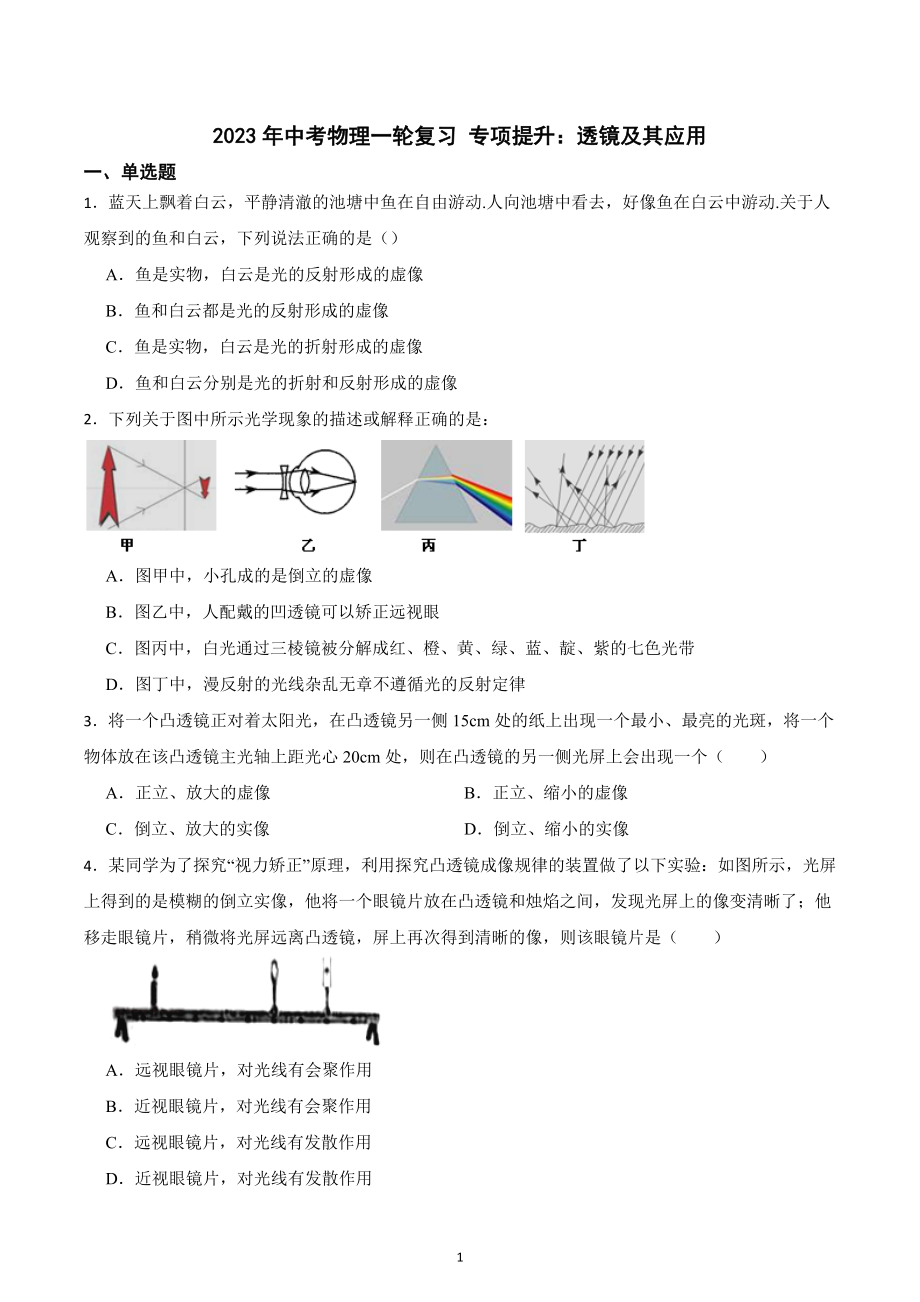 2023年中考物理一轮复习 专项提升：透镜及其应用.docx_第1页