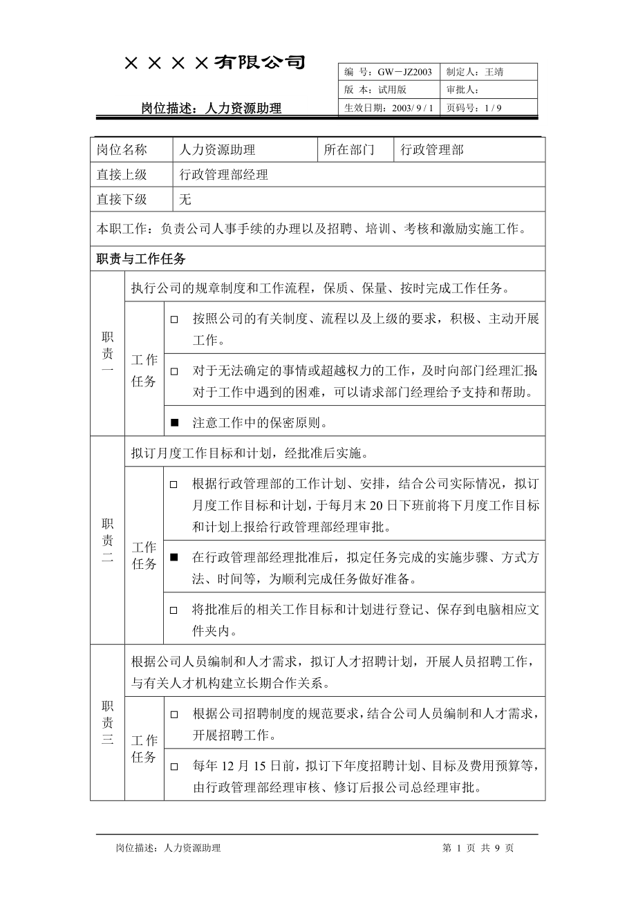 岗位描述：人力资源助理.doc_第1页