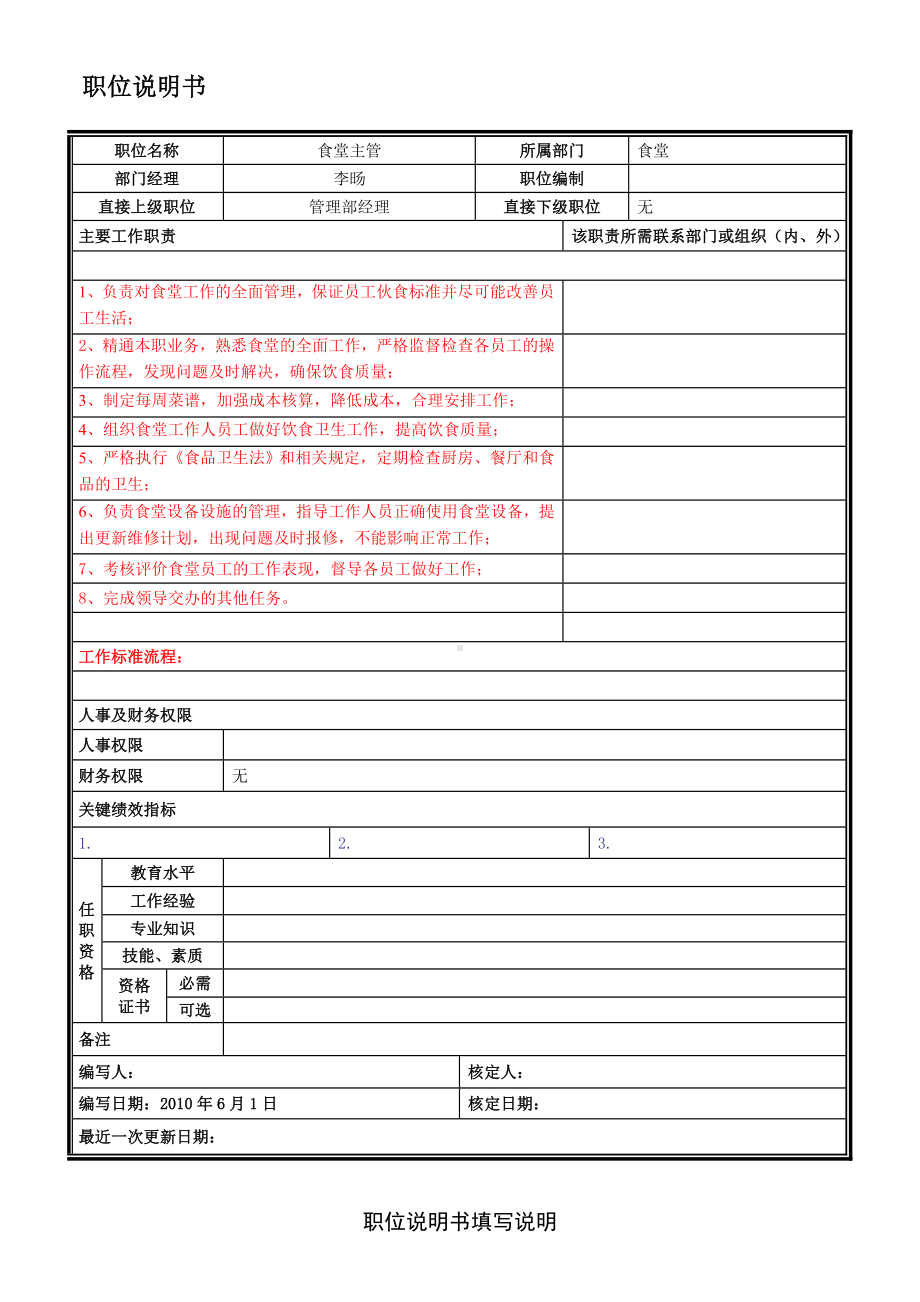 食堂主管岗位说明书.doc_第1页