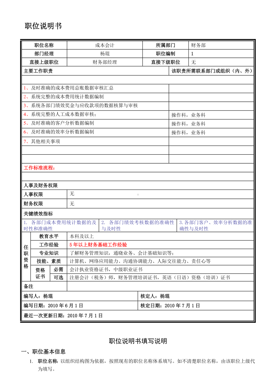 成本会计岗位说明书.doc_第1页