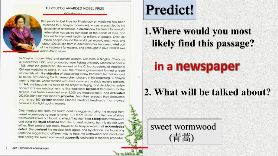 Unit 1 Reading and thinking Tuyouyou awared Noble Prize（ppt课件）-2023新人教版（2019）《高中英语》选择性必修第一册.pptx_第3页