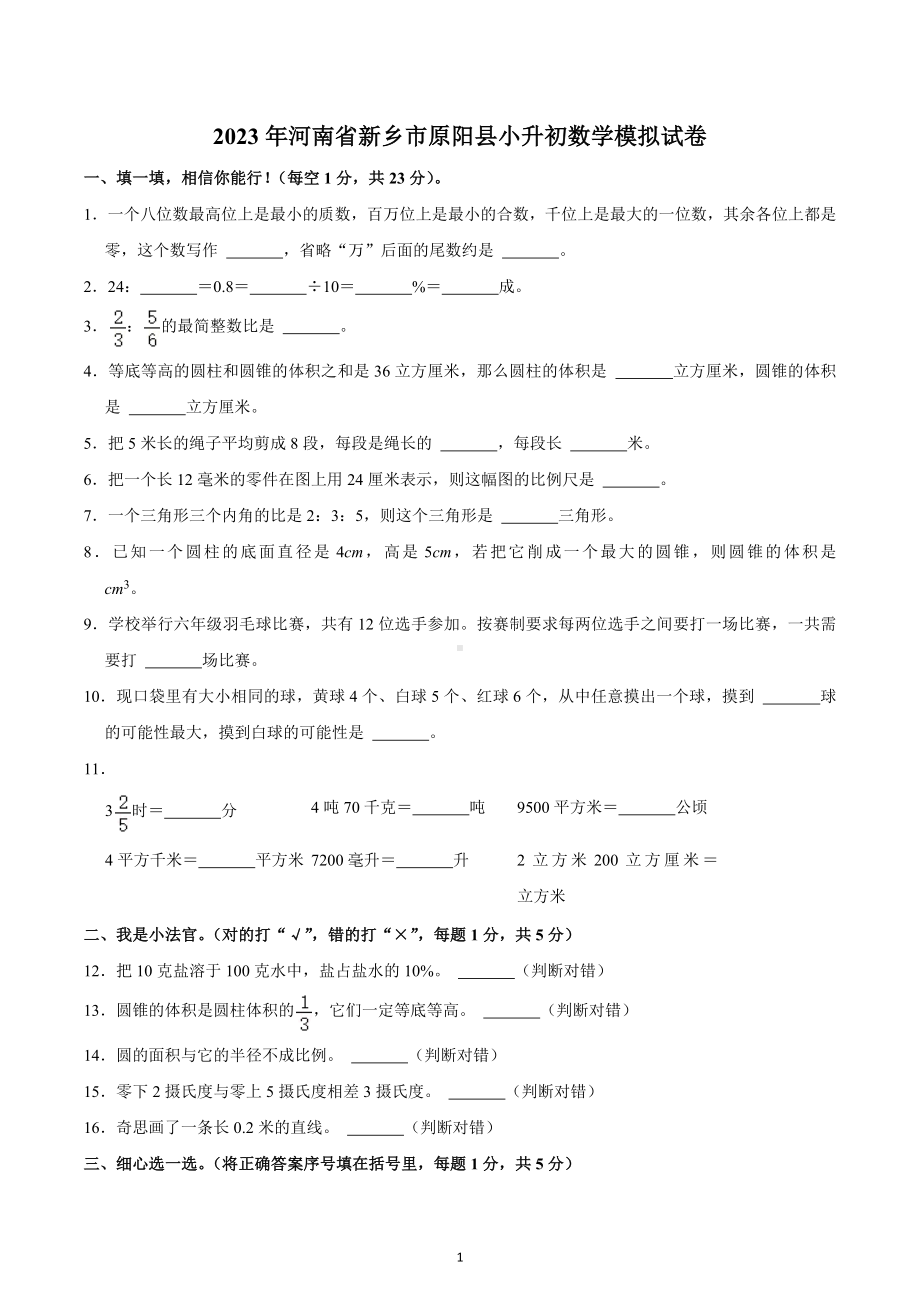 2023年河南省新乡市原阳县小升初数学模拟试卷.docx_第1页