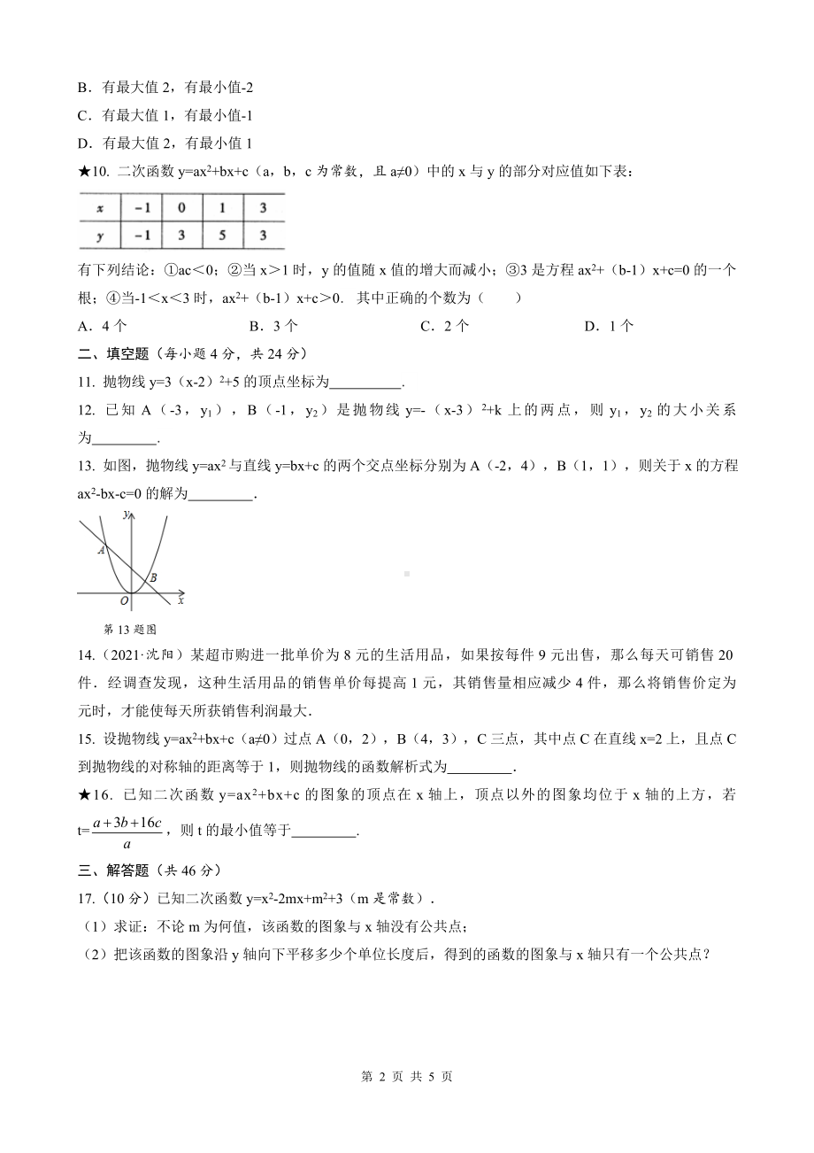 2023年中考数学专题复习-二次函数自我评估.doc_第2页