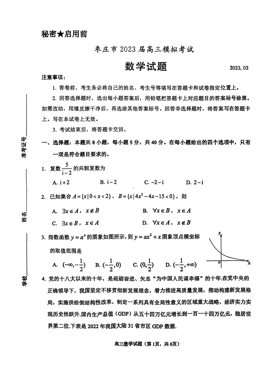 山东省枣庄市2023届高考二模数学试卷+答案.pdf_第1页