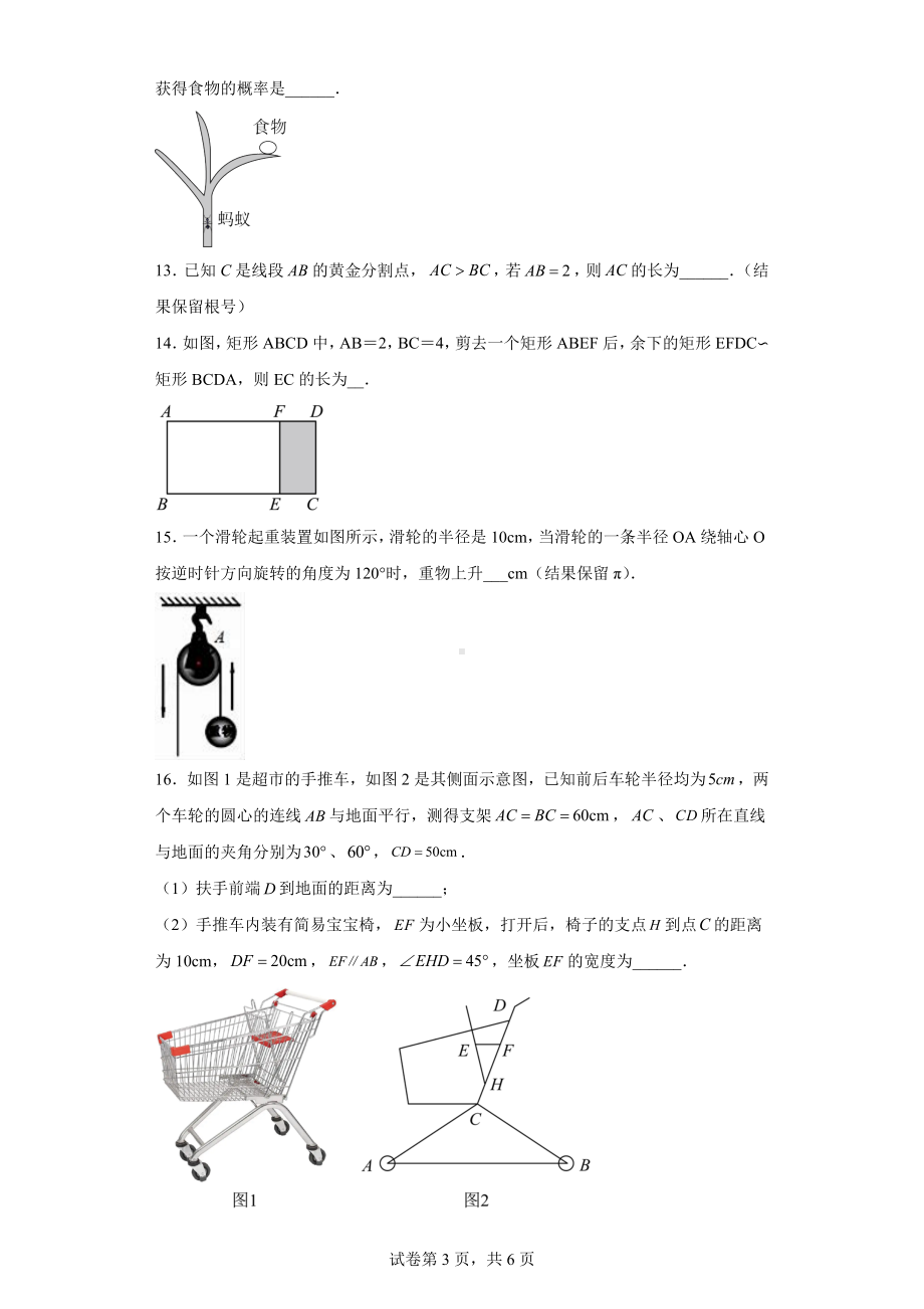 2023年浙江省金华市婺城区九年级下学期联考数学试卷.docx_第3页