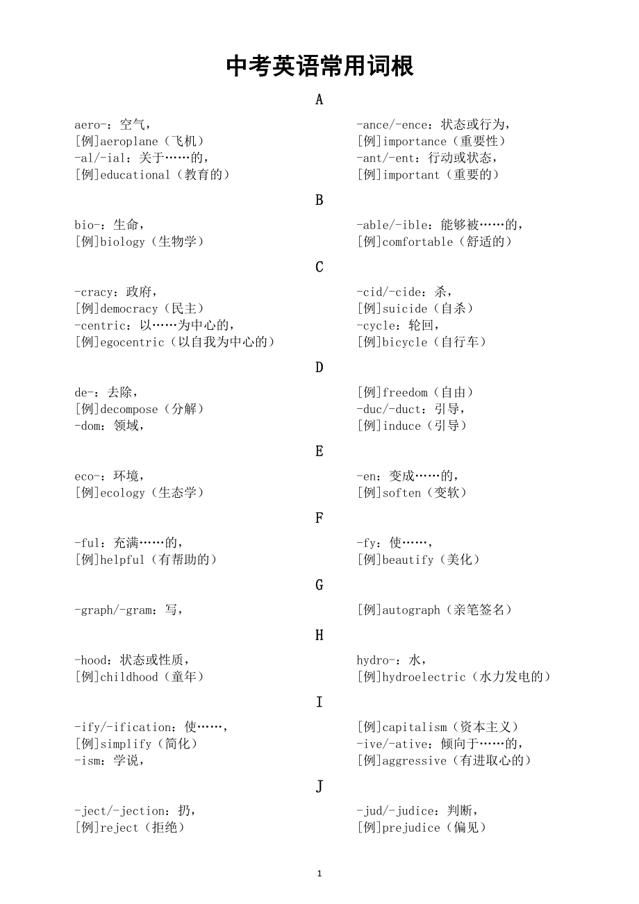 初中英语中考常用词根汇总（共100个按字母顺序编排）.doc_第1页