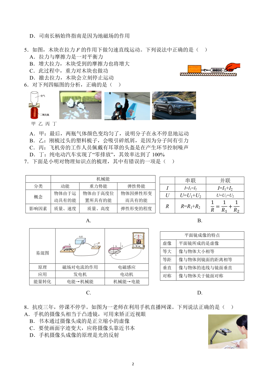 山东省济宁市邹城市2023年初中学业水平考试物理模拟试题二.docx_第2页