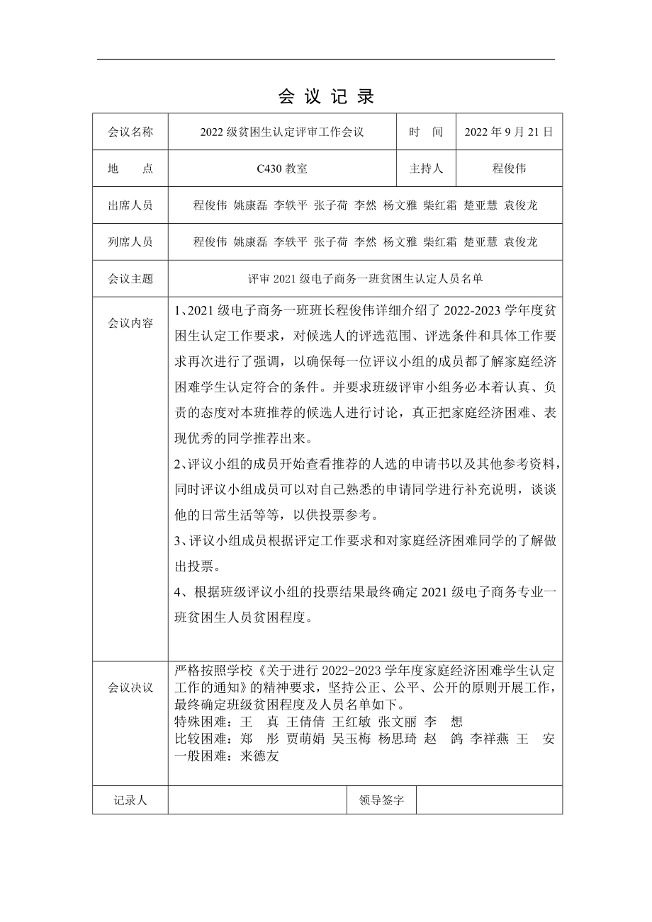 大学贫困生认定评审工作会议记录模板.doc_第1页