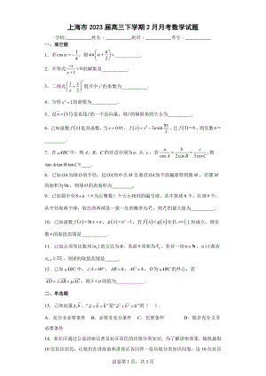 上海市2023届高三下学期2月月考数学试题.docx