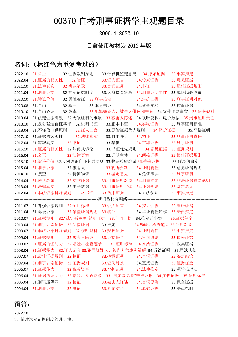 00370刑事证据学主观题（名词、简答、论述）目录.docx_第1页