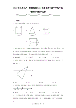 2023年北京市八一教育集团amp;北京市第十九中学九年级零模联考数学试卷.docx