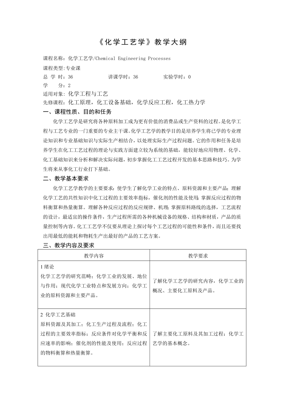 《化学工艺学》教学大纲参考模板范本.doc_第1页