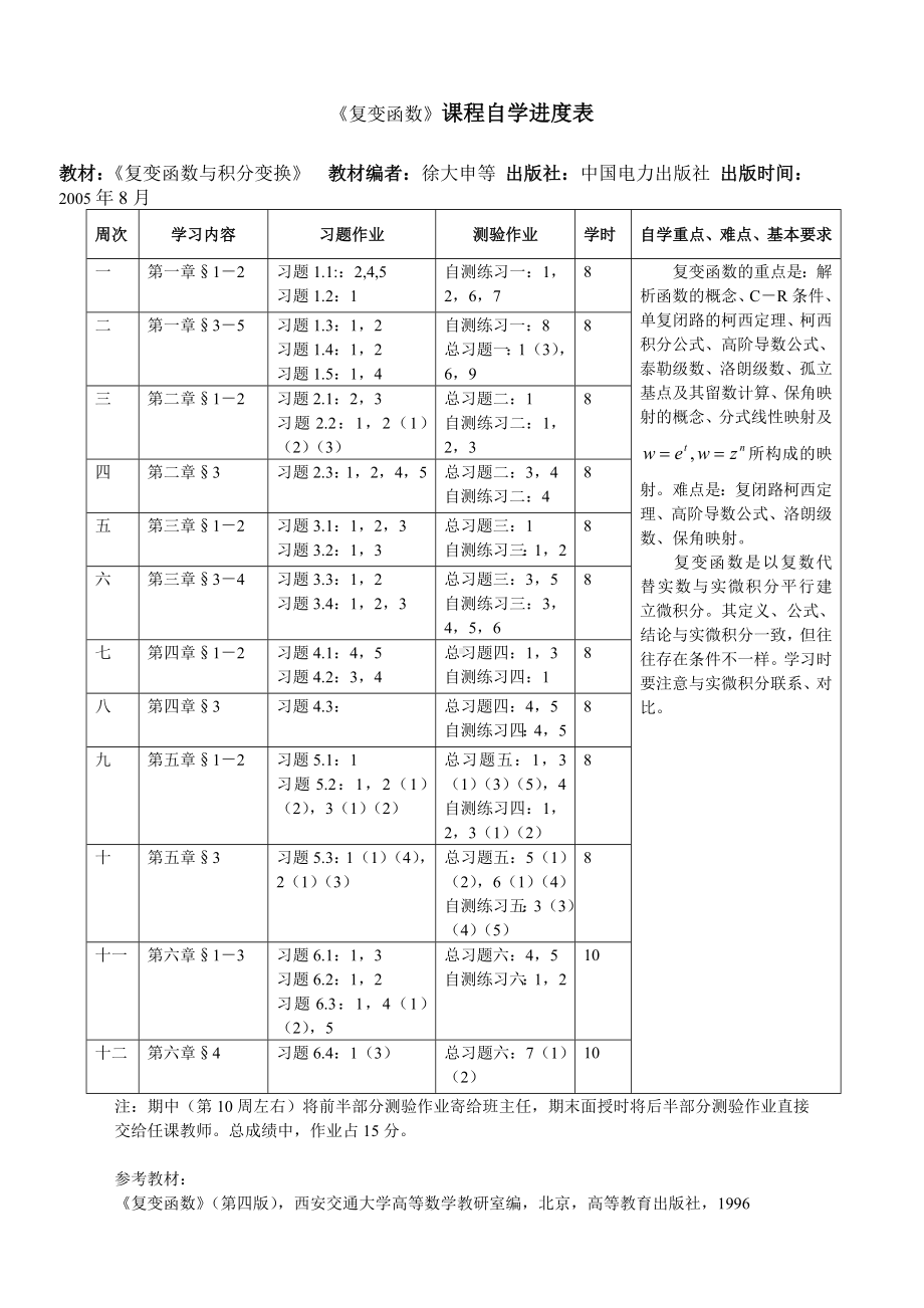 《复变函数》课程自学进度表参考模板范本.doc_第1页