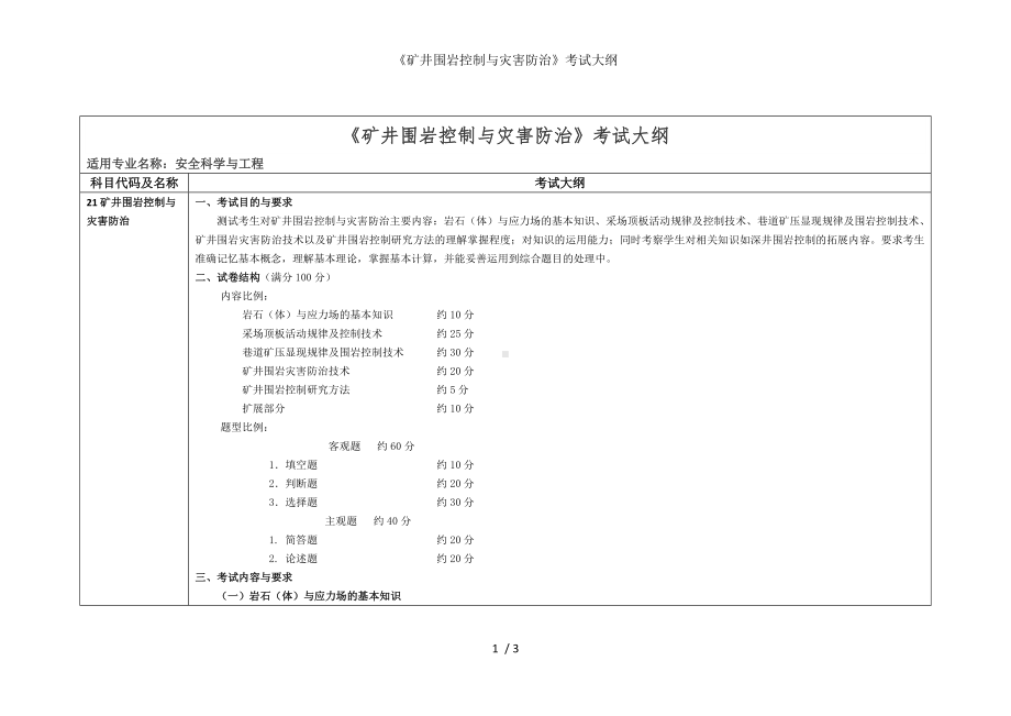 《矿井围岩控制与灾害防治》考试大纲参考模板范本.doc_第1页