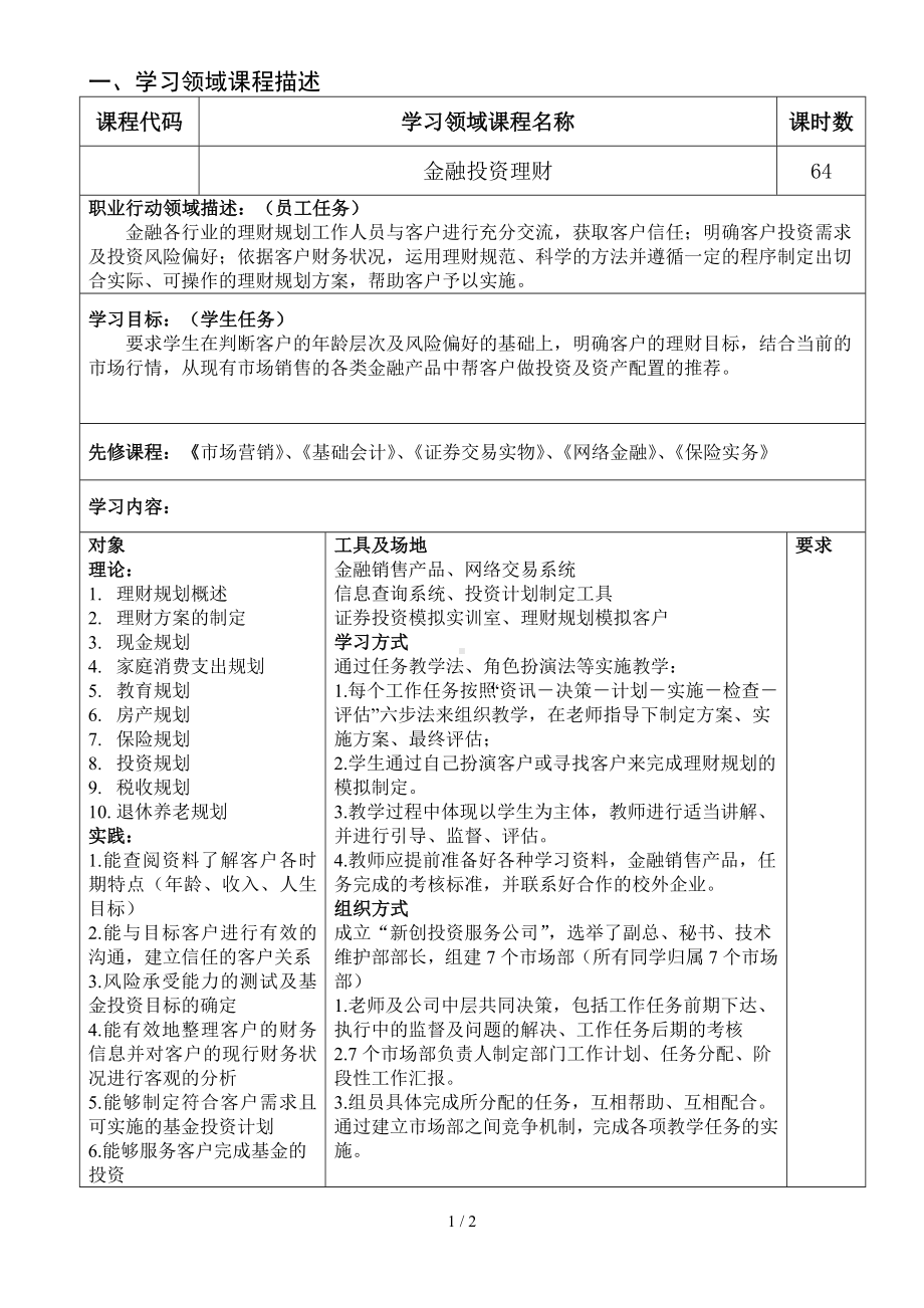 《金融投资理财》课程教学大纲参考模板范本.doc_第1页