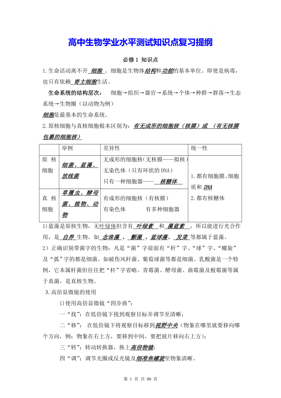 高中生物学业水平测试知识点复习提纲（实用必备！）.docx_第1页