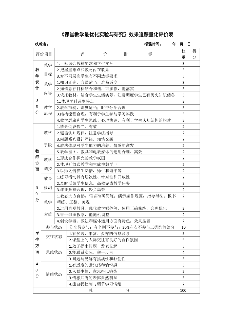 《课堂教学最优化实验与研究》效果追踪量化评价表参考模板范本.doc_第1页