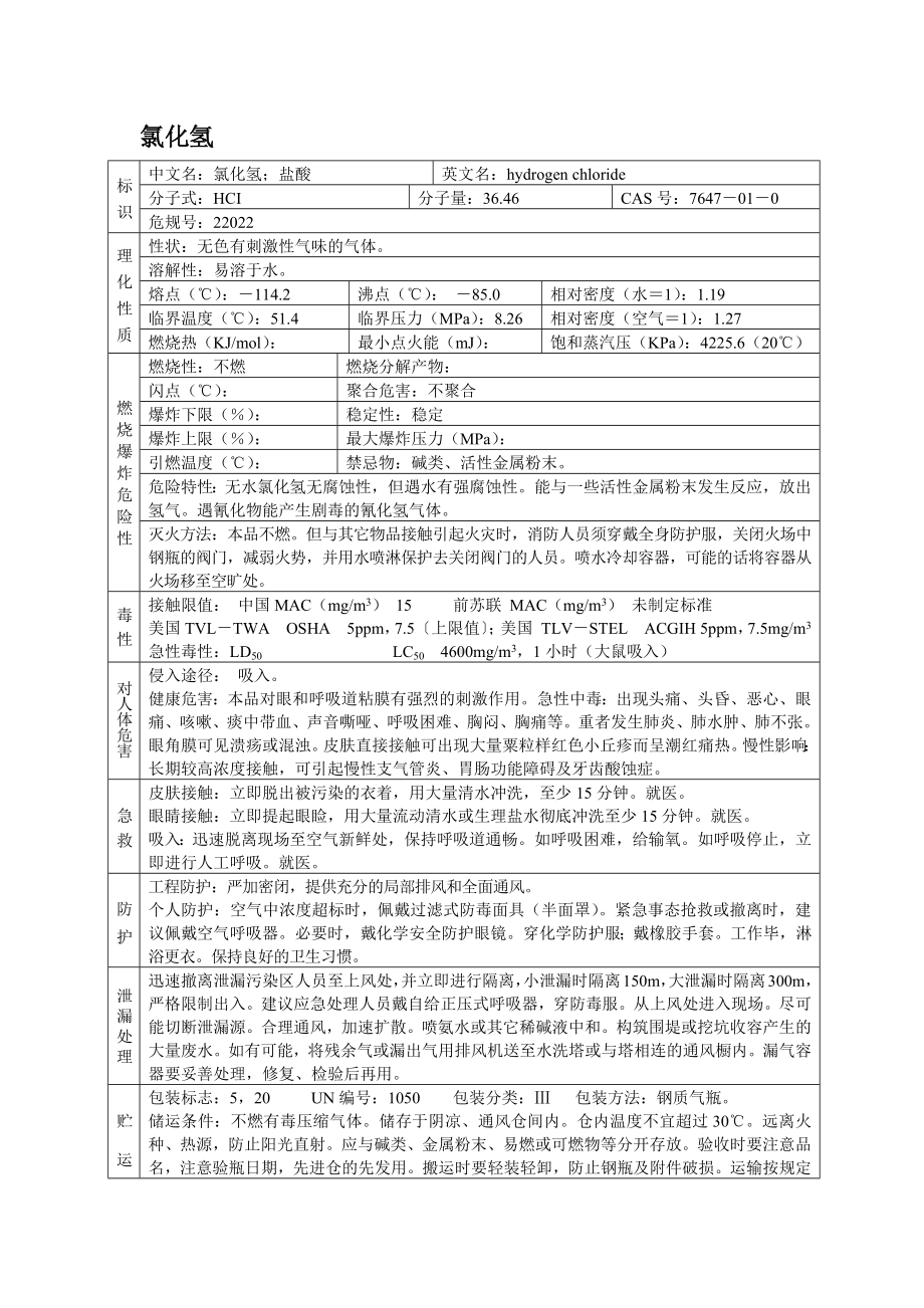 危险化学品安全技术说明书之氯化氢.docx_第1页