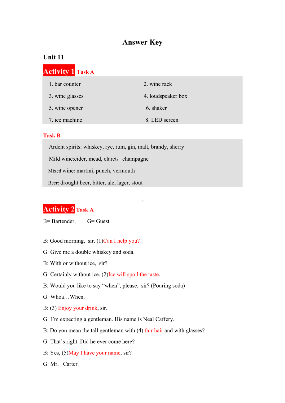 《酒店英语实训教程》答案unit 11Answer Key .doc_第1页